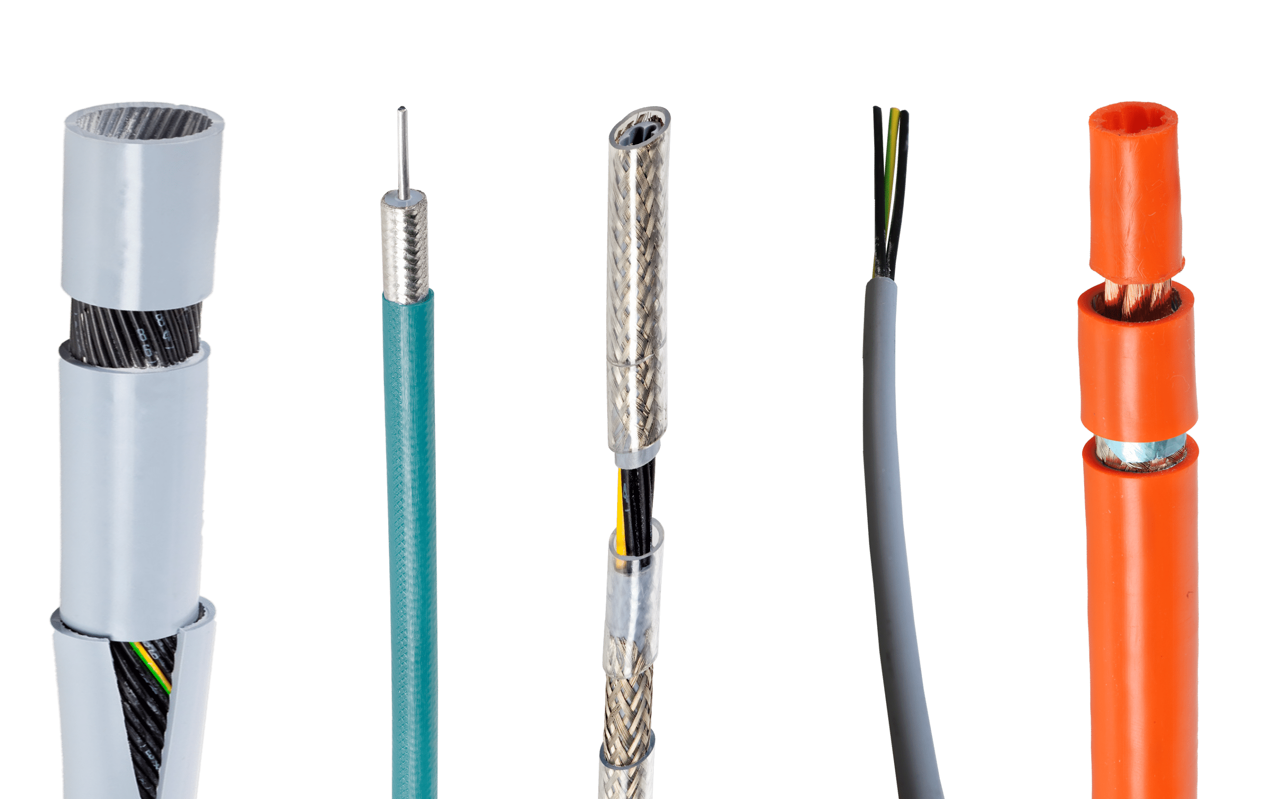 Different processed cables, cut and slit